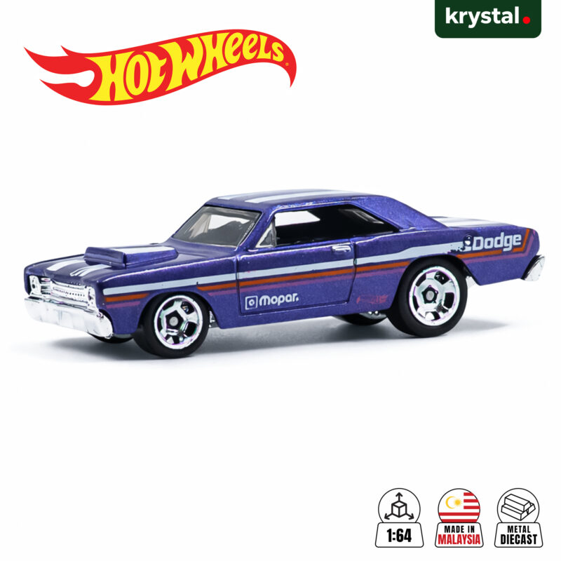 Hot Wheels '68 Dodge Dart purple die-cast car with Mopar branding and white racing stripes, 1:64 scale