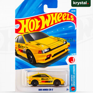 Hot Wheels 1985 Honda CR-X yellow die-cast car with racing decals, HW J-Imports series 1:64 scale