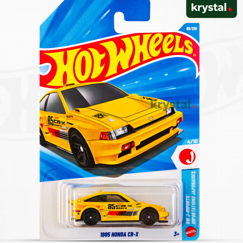 Hot Wheels 1985 Honda CR-X yellow die-cast car with racing decals, HW J-Imports series 1:64 scale