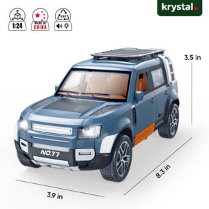 1:24 Land Rover Defender 110 ABS toy SUV in blue and orange with roof rack, LED lights, and pull-back action