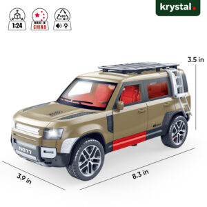 1:24 Land Rover Defender 110 tan ABS toy SUV with roof rack, ladder, and pull-back motion features