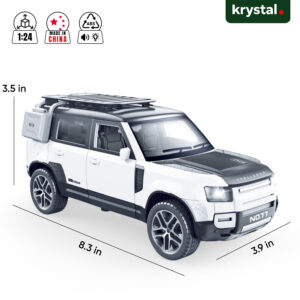 White Land Rover Defender 110 1:24 scale ABS toy SUV with pull-back motion, lights, and roof rack