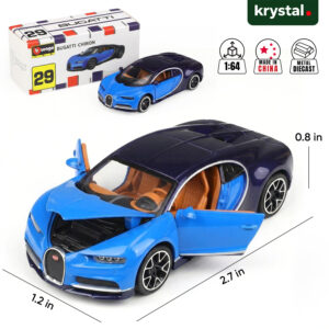 Bburago 1:64 scale blue Bugatti Chiron diecast model car with openable doors and metal alloy body