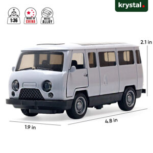 1:36 scale UAZ-452 Bukhanka white diecast metal alloy van with 4.8 inch length and pull-back drive action