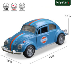 Blue Volkswagen Beetle 1:38 scale diecast car, MAX racing edition with metal alloy body and rubber tires
