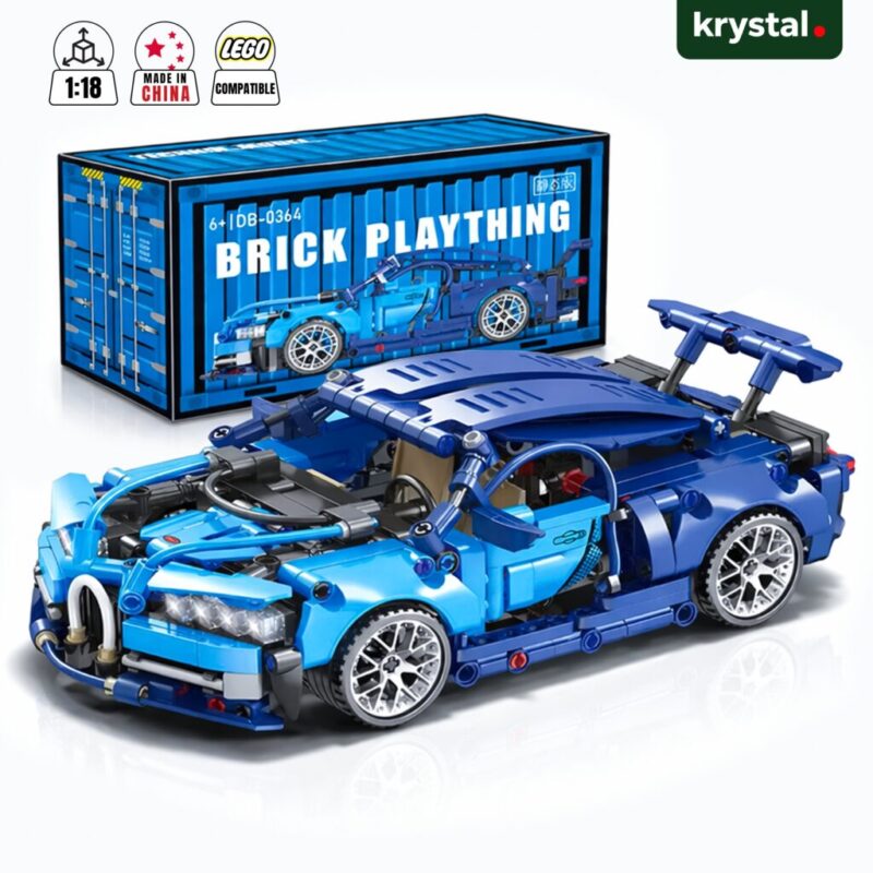 Blue 1:18 Bugatti-inspired LEGO-compatible supercar building block set with premium container gift box