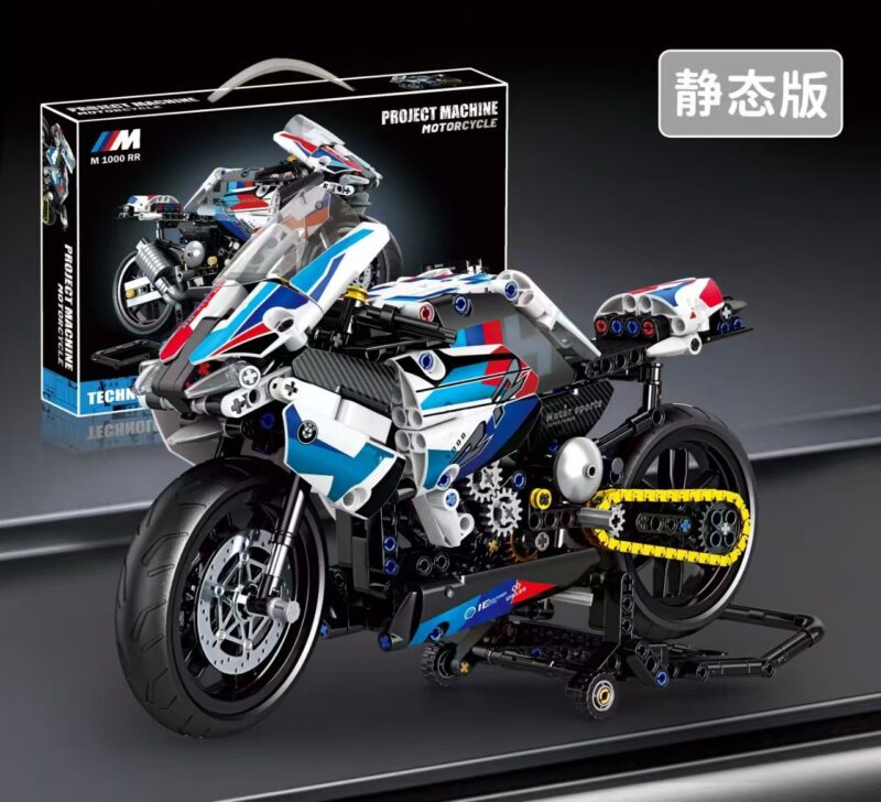 BMW M 1000 RR inspired Technic motorcycle 1:5 scale building block set with functional gearbox and paddock stand