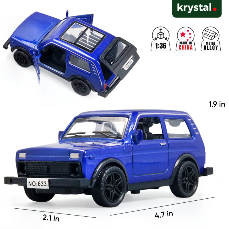Blue Krystal Lada Niva 4x4 1:36 scale diecast SUV model car with opening doors and pull-back action