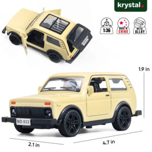 Collector-grade 1:36 yellow Lada Niva 4x4 diecast SUV with opening doors and metal alloy body