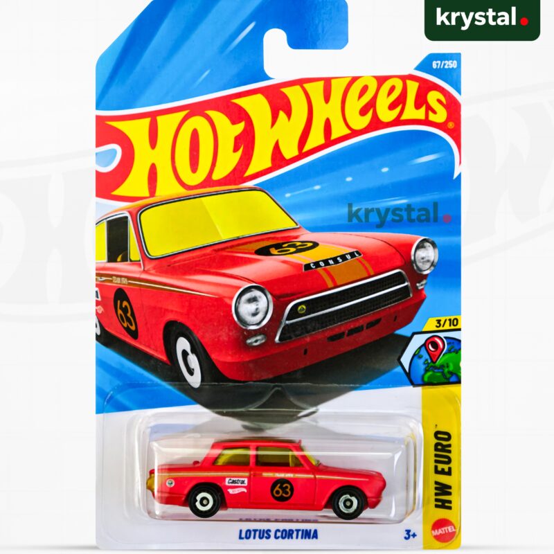 Hot Wheels Lotus Cortina red die-cast car with Castrol livery, HW Euro series 67/250, 1:64 scale rally model
