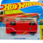 Hot Wheels Lotus Cortina red diecast car 1:64 scale with Castrol racing livery and gold stripes, HW Euro series