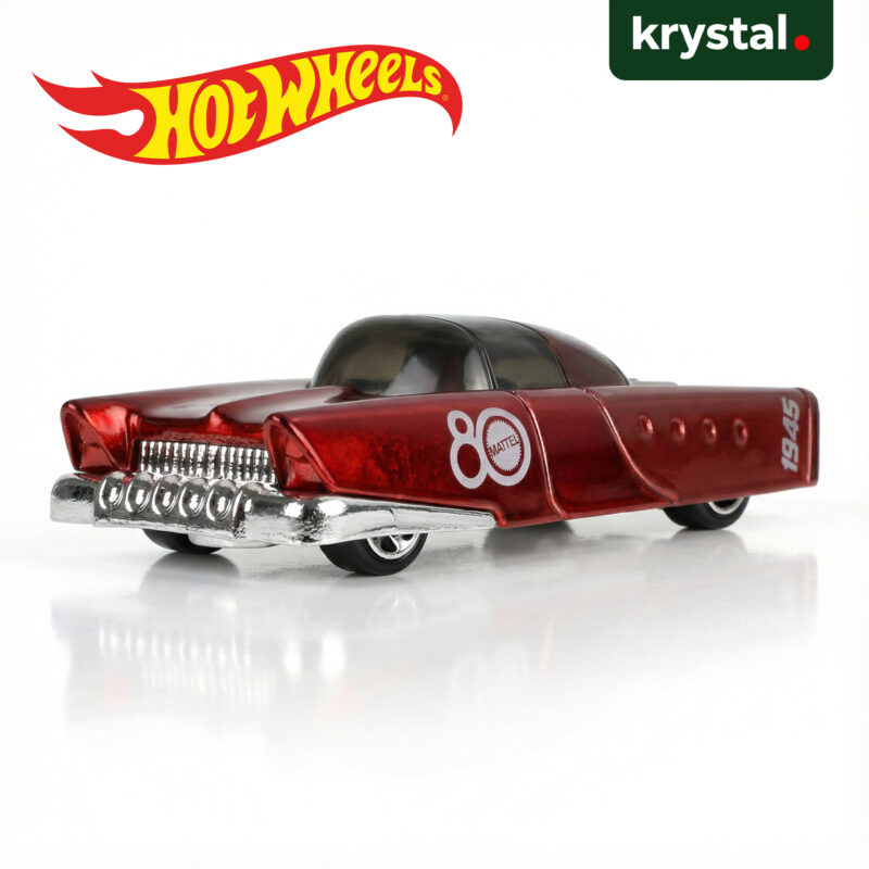 Hot Wheels Mattel Dream Mobile metallic red die-cast car with chrome finish and 80th anniversary decal