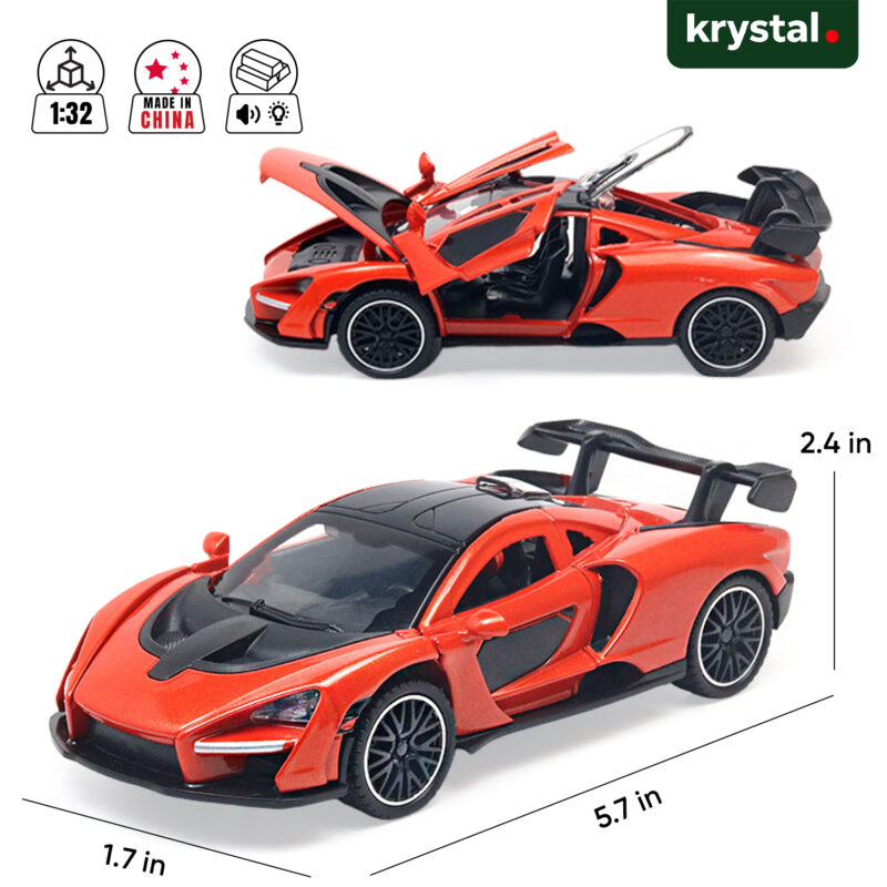 Krystal McLaren Senna 1:32 scale diecast model car in orange with opening doors, lights, and sounds