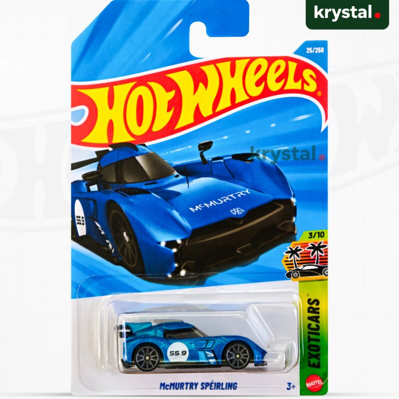 Hot Wheels McMurtry Spéirling metallic blue 1:64 scale die-cast car with 55.9 decal from HW Exoticars series