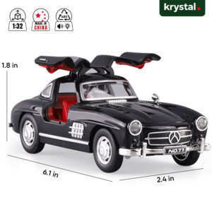 Black Mercedes-Benz 300SL 1:32 scale classic toy car with open gullwing doors and dimensions