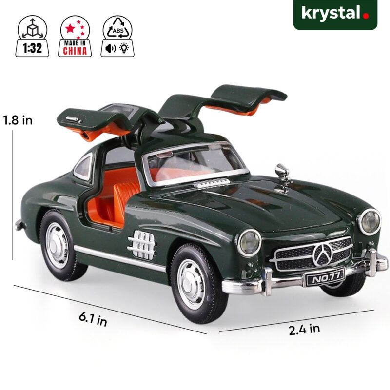 Dark green Mercedes-Benz 300SL 1:32 scale model toy car with openable gullwing doors and chrome accents