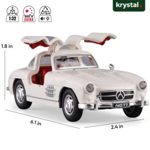 White Mercedes-Benz 300SL 1:32 scale classic gullwing toy car with open doors and pull-back action