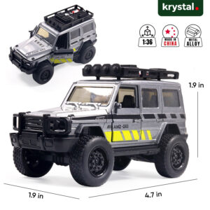 1:36 scale silver Mercedes-Benz AMG G63 diecast model car with expedition roof rack and alloy body