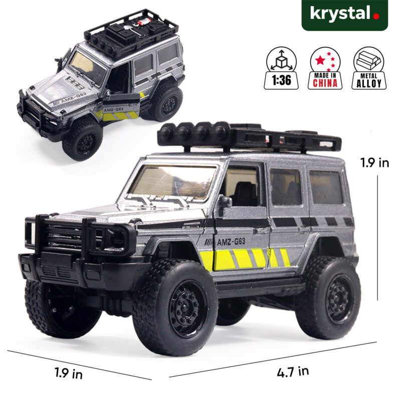 1:36 scale silver Mercedes-Benz AMG G63 diecast model car with expedition roof rack and alloy body