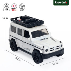 White Mercedes-Benz AMG G63 1:36 scale diecast model car with off-road roof rack and metal alloy body