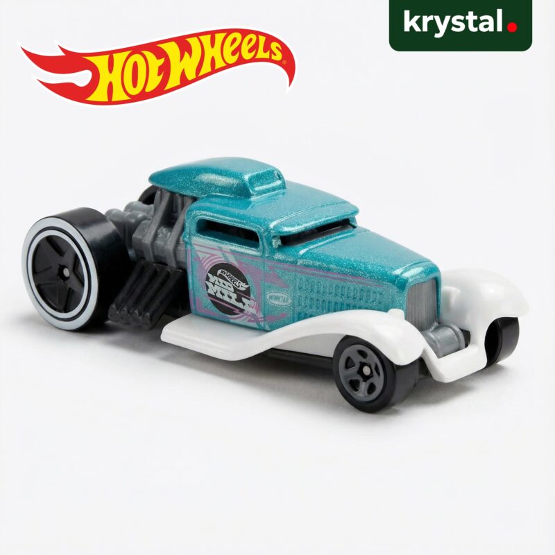 Hot Wheels Mid Mill teal metallic die-cast toy car with white fenders and custom graphics for kids and collectors