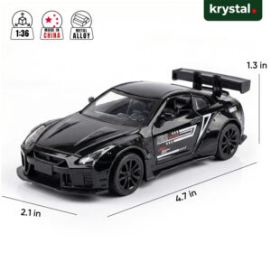 Black Nissan GT-R R35 1:36 scale diecast model car with metal alloy body and racing spoiler