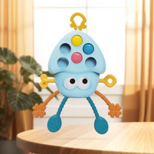 Krystal silicone baby sensory toy with pull strings, pop buttons, and teething textures for fine motor skill development