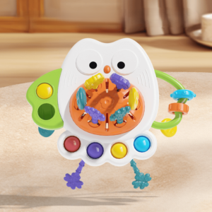 Krystal owl silicone sensory pull string toy and teether for baby motor skill development with colorful pop buttons