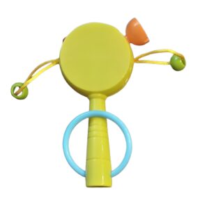 Yellow baby rattle pellet drum with blue ring handle for newborn sensory development and teething relief
