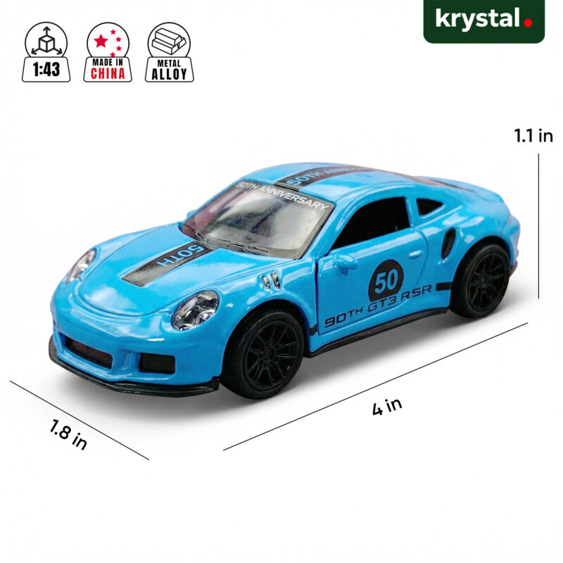 1:43 Porsche 911 GT3 RSR Blue Diecast Model Car, 50th Anniversary Edition with Pull-Back Action and Openable Doors
