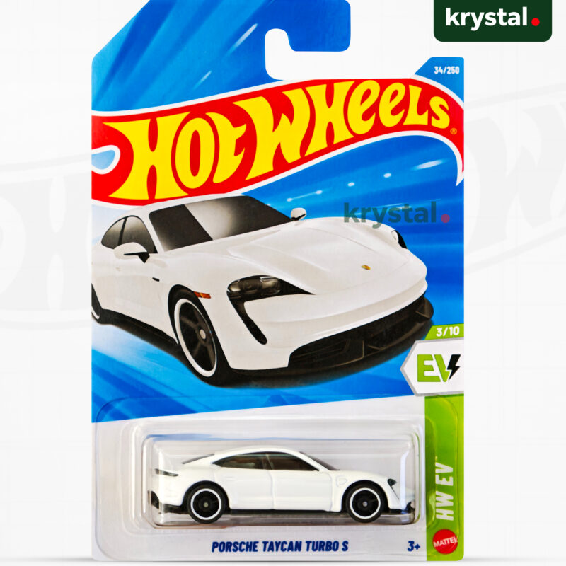 White Hot Wheels Porsche Taycan Turbo S die-cast toy car in original HW EV series packaging