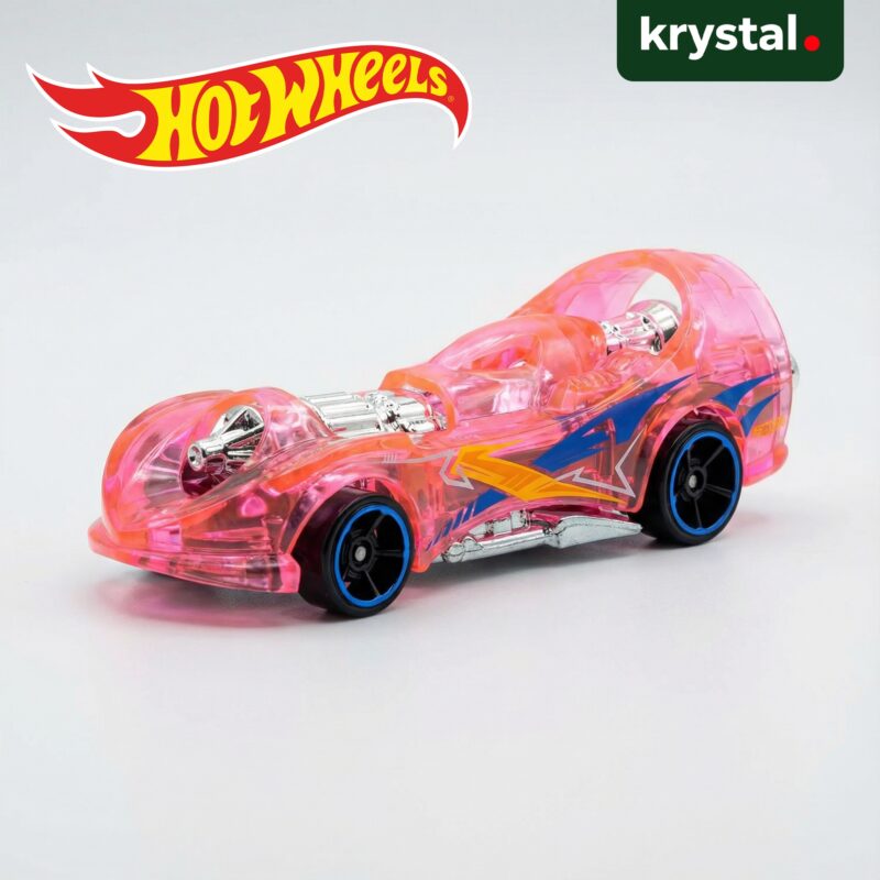 Hot Wheels Power Rocket die-cast car with transparent pink body and chrome engine detailing