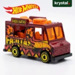 Hot Wheels Quick Bite Fuego Fajitas maroon die-cast food truck toy with flame graphics for kids and collectors