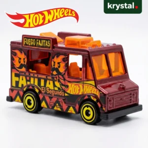 Hot Wheels Quick Bite Fuego Fajitas maroon die-cast food truck toy with flame graphics for kids and collectors