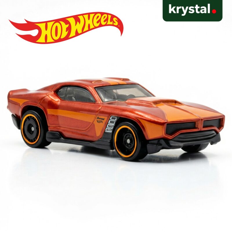 Hot Wheels Ravenger S/T orange metallic die-cast muscle car with racing stripes and black wheels