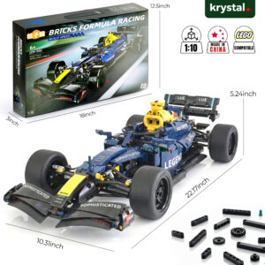 1:10 scale LEGO-compatible Technic Red Bull F1 RB20 inspired racing car building set, blue JZH-050 model