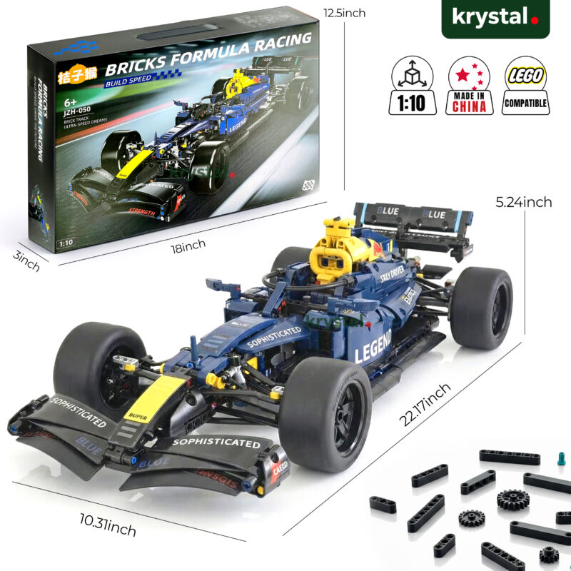 1:10 scale LEGO-compatible Technic Red Bull F1 RB20 inspired racing car building set, blue JZH-050 model