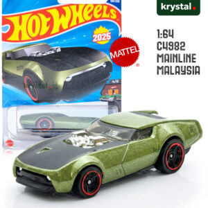Hot Wheels Slide-Burn 2025 Mainline 1:64 scale die-cast car in metallic green with black hood and red rim wheels