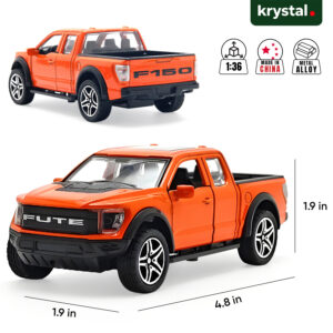 1:36 scale orange Ford F-150 Tonka diecast pickup truck model car with dimensions and metal alloy body