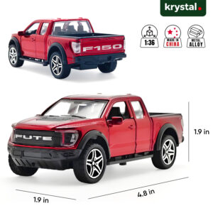 Red Krystal Ford F-150 Tonka diecast 1:36 scale model car with metal alloy body and pull-back drive action