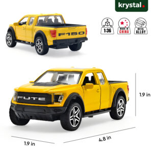 1:36 scale yellow Ford F-150 Tonka diecast pickup truck with metal alloy body and pull-back function