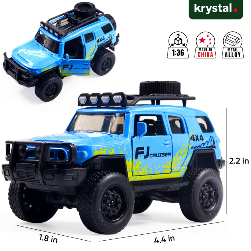Blue 1:36 scale Toyota FJ Cruiser diecast model car with roof rack and pull-back action