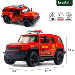 Red 1:36 scale Toyota FJ Cruiser Fire Rescue diecast model car with metal alloy body and openable doors