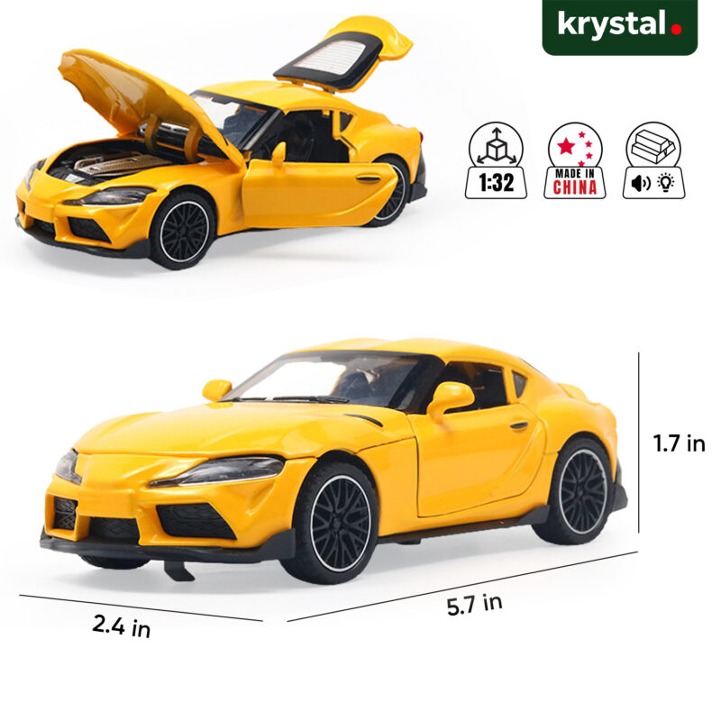 1:32 scale yellow Toyota GR Supra diecast sports car model with opening hood, doors, and pull-back action