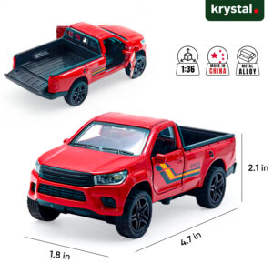 Red Toyota Hilux Vigo 1:36 scale diecast pickup truck model with openable doors and metal alloy body