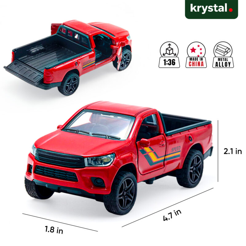 Red Toyota Hilux Vigo 1:36 scale diecast pickup truck model with openable doors and metal alloy body