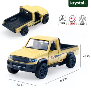 Toyota Land Cruiser 70 Series 1:36 scale diecast model car, yellow metal alloy pickup truck with opening doors