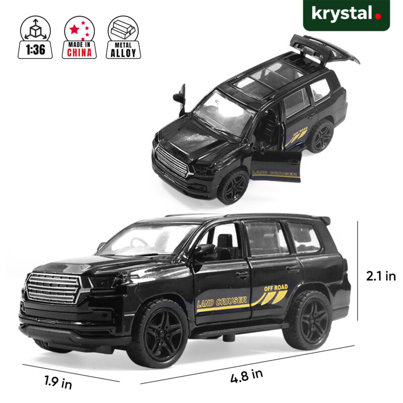 Black Toyota Land Cruiser LC300 1:36 scale diecast model car with openable doors and off-road decals