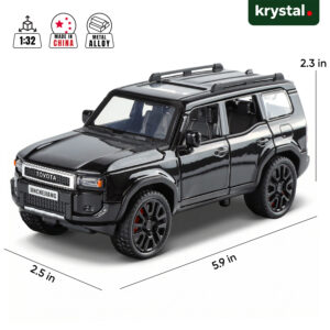 Black 1:32 Toyota Prado die-cast alloy SUV model car with opening doors, lights, and pull-back motion