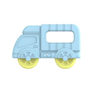 Blue truck baby rattle and teether toy by Krystal Curated, soft BPA-free silicone for infant teething relief